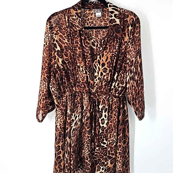 Sheer Leopard Print Shirt Dress Tunic w Button Front & Drawstring Waist - Picture 14 of 17